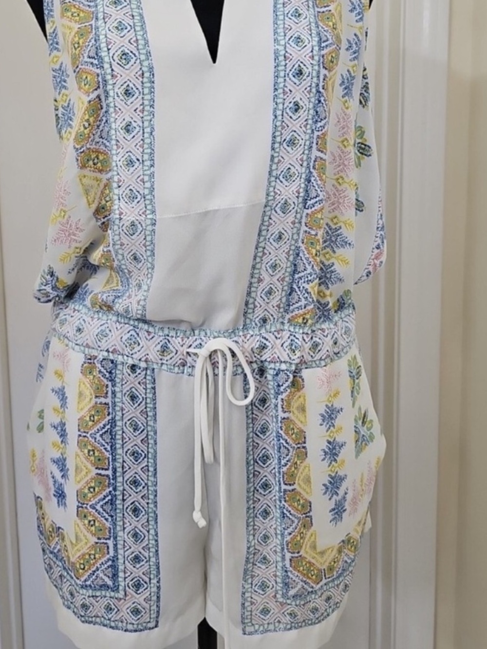 BCBGMaxAzria White Halter Romper with Blue and Yellow Print